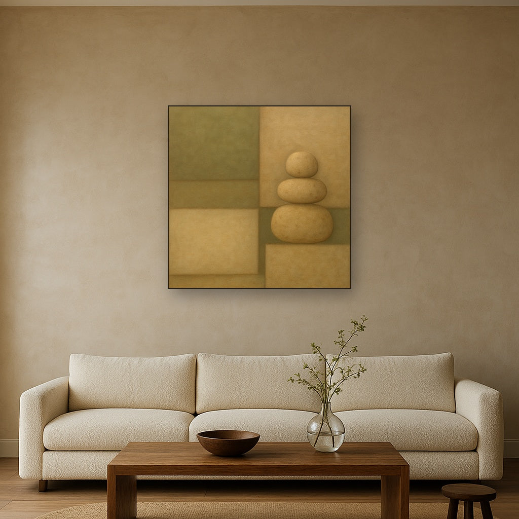 Muted Olive & Sandstone Geometric Balance No. 27 Oil Painting - View 2