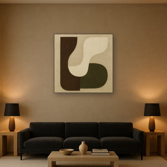 Minimalist Asymmetrical Balance in Raw Umber No. 20 Oil Painting Staged Above Sectional Sofa in Living Room, Hand Painted Canvas Wall Art for Home Decor