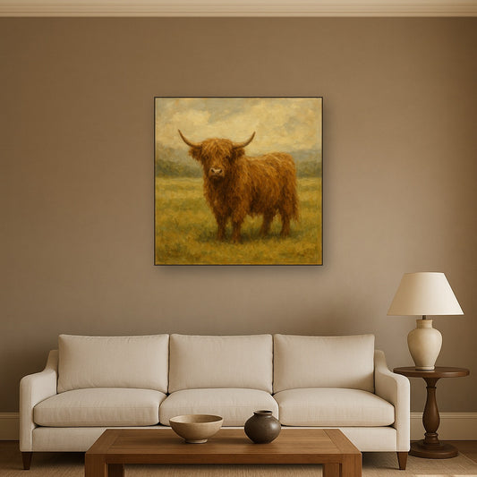 Muted Highland Cattle Pastoral Oil Painting Oil Painting - Styled in Modern Living Room