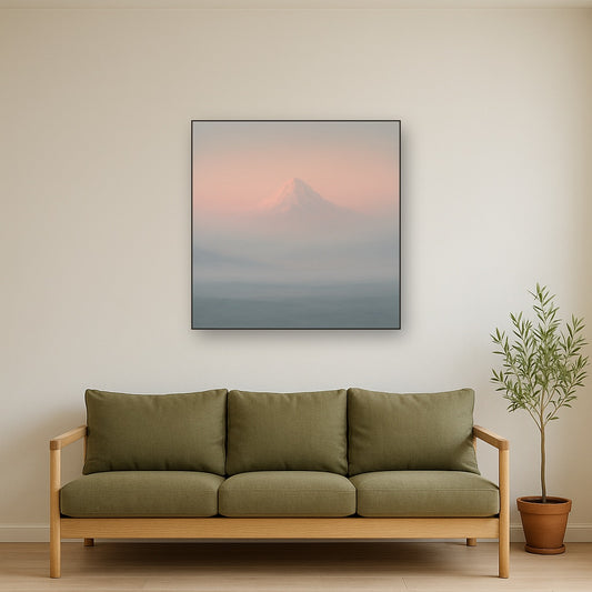 Pale Alpenglow over Distant Glacial Peak No. 21 Oil Painting Staged Above Sectional Sofa in Living Room, Hand Painted Canvas Wall Art for Home Decor