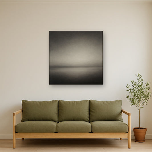 Monochrome Charcoal Drift & Soft Sfumato Horizon No. 3 Oil Painting Staged Above Sectional Sofa in Living Room, Hand Painted Canvas Wall Art for Home Decor