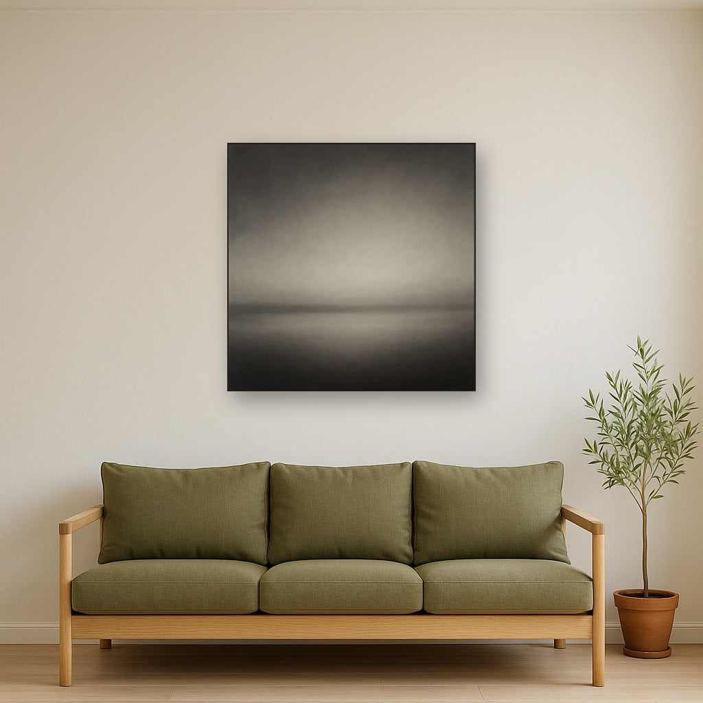 Monochrome Charcoal Drift & Soft Sfumato Horizon No. 3 Oil Painting Staged Above Sectional Sofa in Living Room, Hand Painted Canvas Wall Art for Home Decor