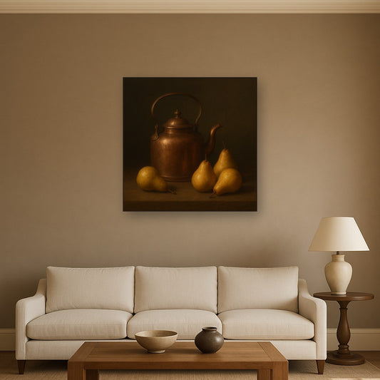 Antique Copper Kettle & Orchard Pears No. 7 Oil Painting Staged Above Sectional Sofa in Living Room, Hand Painted Canvas Wall Art for Home Decor