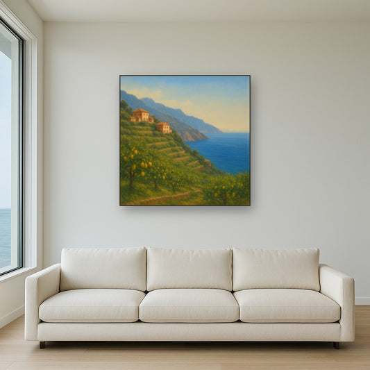Italian Amalfi Coastline Terraces & Lemon Grove No. 19 Oil Painting Staged Above Sectional Sofa in Living Room, Hand Painted Canvas Wall Art for Home Decor
