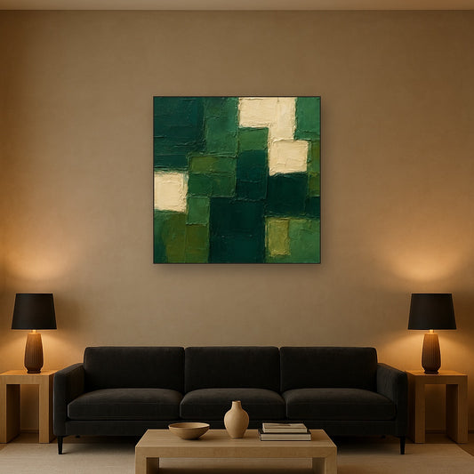 Emerald Resonance Modern Abstract Oil Painting - Styled in Modern Living Room