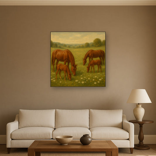 Mares & Foals Grazing in Rolling Meadow No. 20 Oil Painting Staged Above Sectional Sofa in Living Room, Hand Painted Canvas Wall Art for Home Decor