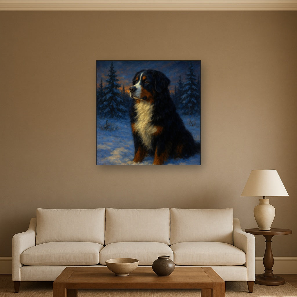 Bernese Mountain Dog in Winter Snowscape No. 12 Fine Art Oil Painting - View 2