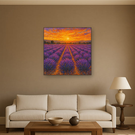 Provence Lavender Field Landscape Oil Painting - Styled in Modern Living Room