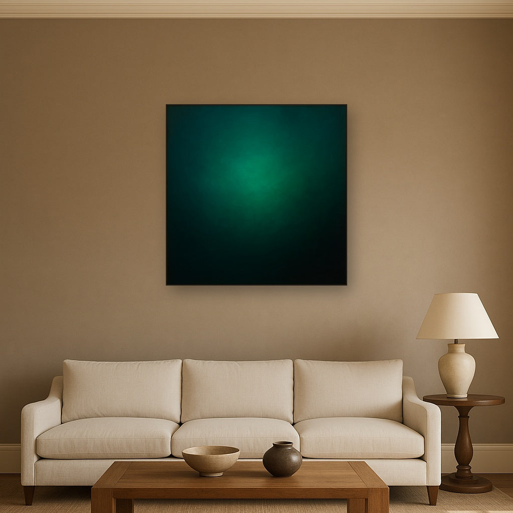 Midnight Teal & Deep Malachite Gradient No. 16 Oil Painting Staged Above Sectional Sofa in Living Room, Hand Painted Canvas Wall Art for Home Decor