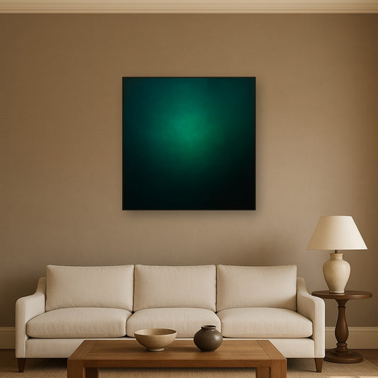 Midnight Teal & Deep Malachite Gradient No. 16 Oil Painting Staged Above Sectional Sofa in Living Room, Hand Painted Canvas Wall Art for Home Decor