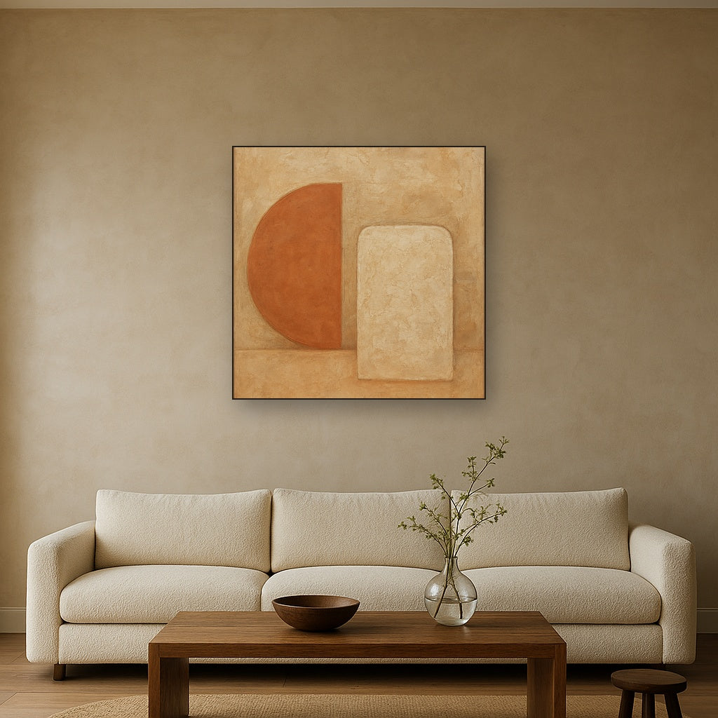 Earthy Terracotta & Weathered Plaster Wash No. 23 Oil Painting Staged Above Sectional Sofa in Living Room, Hand Painted Canvas Wall Art for Home Decor