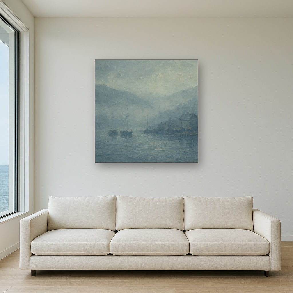 Quiet Harbor in Fog Seascape Oil Painting - View 2