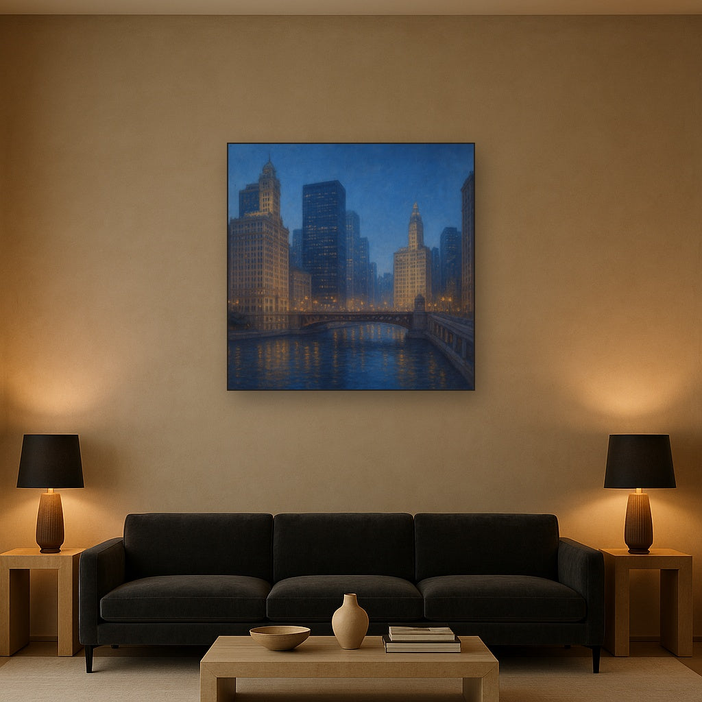 Chicago Riverfront Architecture at Blue Hour No. 14 Oil Painting - View 2