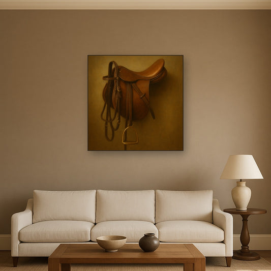 Vintage Bridle & Polished Leather Saddle No. 18 Oil Painting Staged Above Sectional Sofa in Living Room, Hand Painted Canvas Wall Art for Home Decor