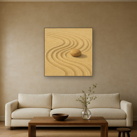 Zen Garden Raked Sand Minimalist Oil Painting - Styled in Modern Living Room