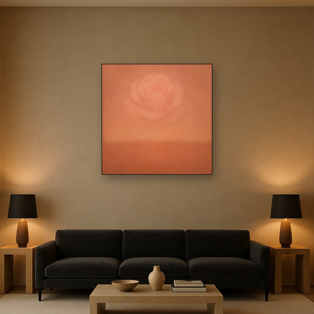 Blush Rose & Dusky Terracotta Ambient Glow No. 9 Oil Painting Staged Above Sectional Sofa in Living Room, Hand Painted Canvas Wall Art for Home Decor