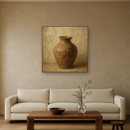 Weathered Clay Vessel Wabi-Sabi Oil Painting - Styled in Modern Living Room