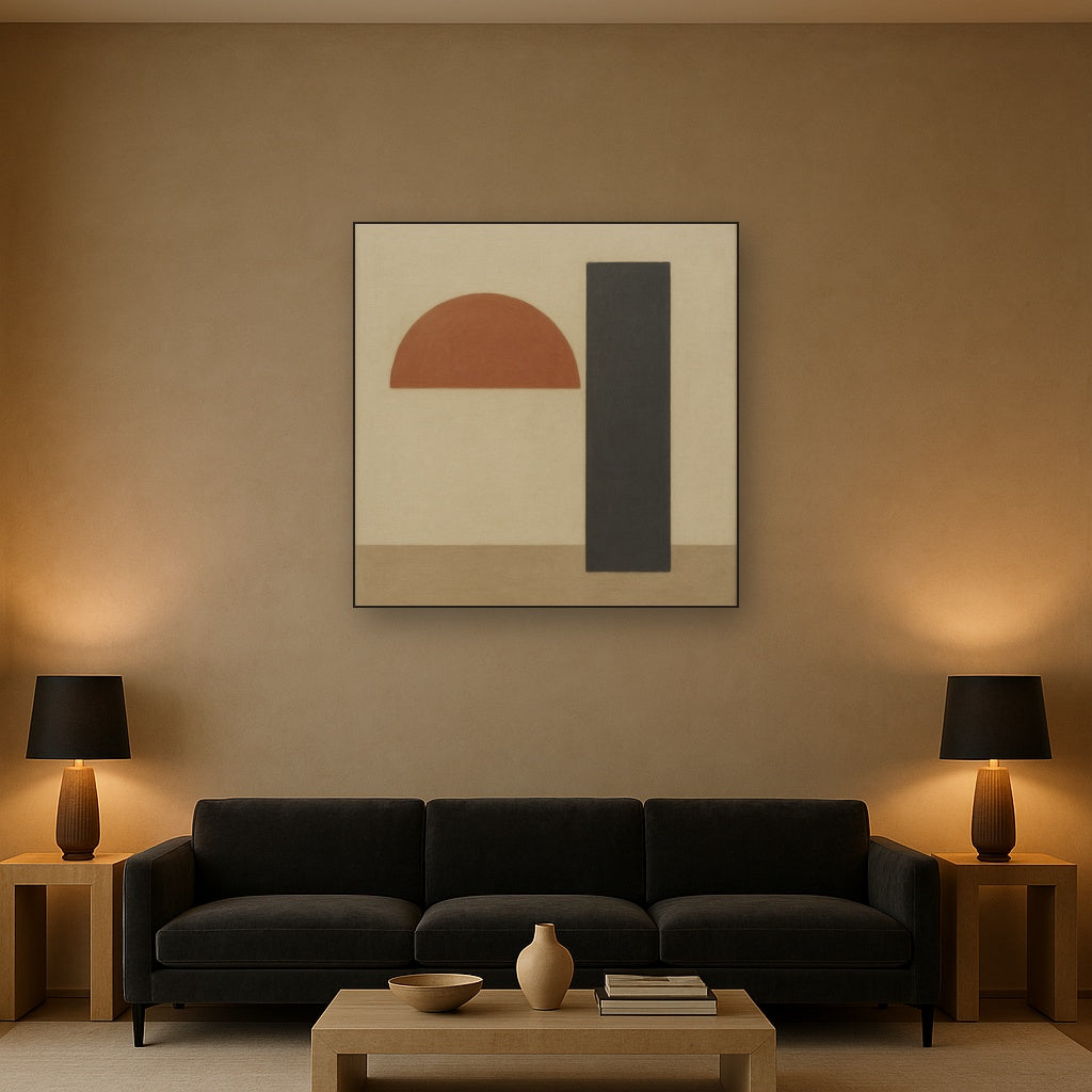 Semicircle Horizon & Minimalist Pillar No. 23 Oil Painting Staged Above Sectional Sofa in Living Room, Hand Painted Canvas Wall Art for Home Decor
