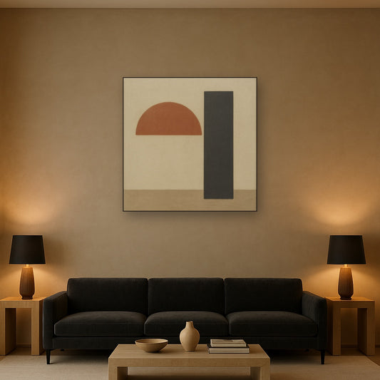 Semicircle Horizon & Minimalist Pillar No. 23 Oil Painting Staged Above Sectional Sofa in Living Room, Hand Painted Canvas Wall Art for Home Decor