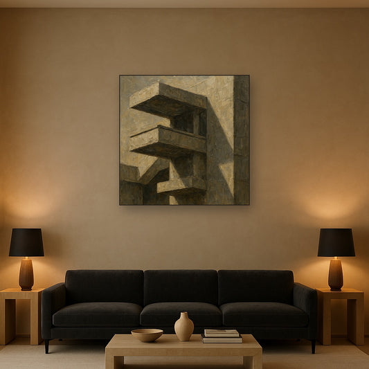 Brutalist Cantilevered Balcony Study No. 7 Oil Painting - Styled in Modern Living Room