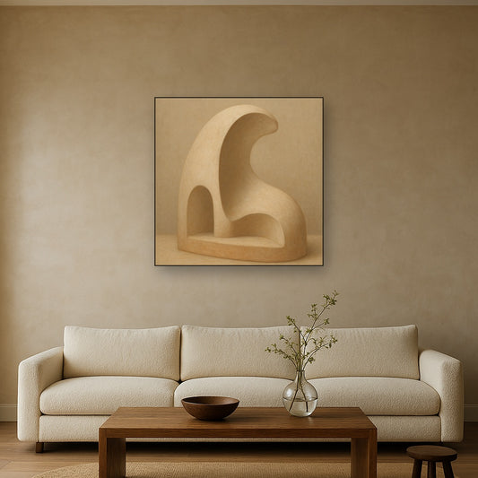 Soft Architectural Curve in Desert Bone No. 17 Oil Painting Staged Above Sectional Sofa in Living Room, Hand Painted Canvas Wall Art for Home Decor