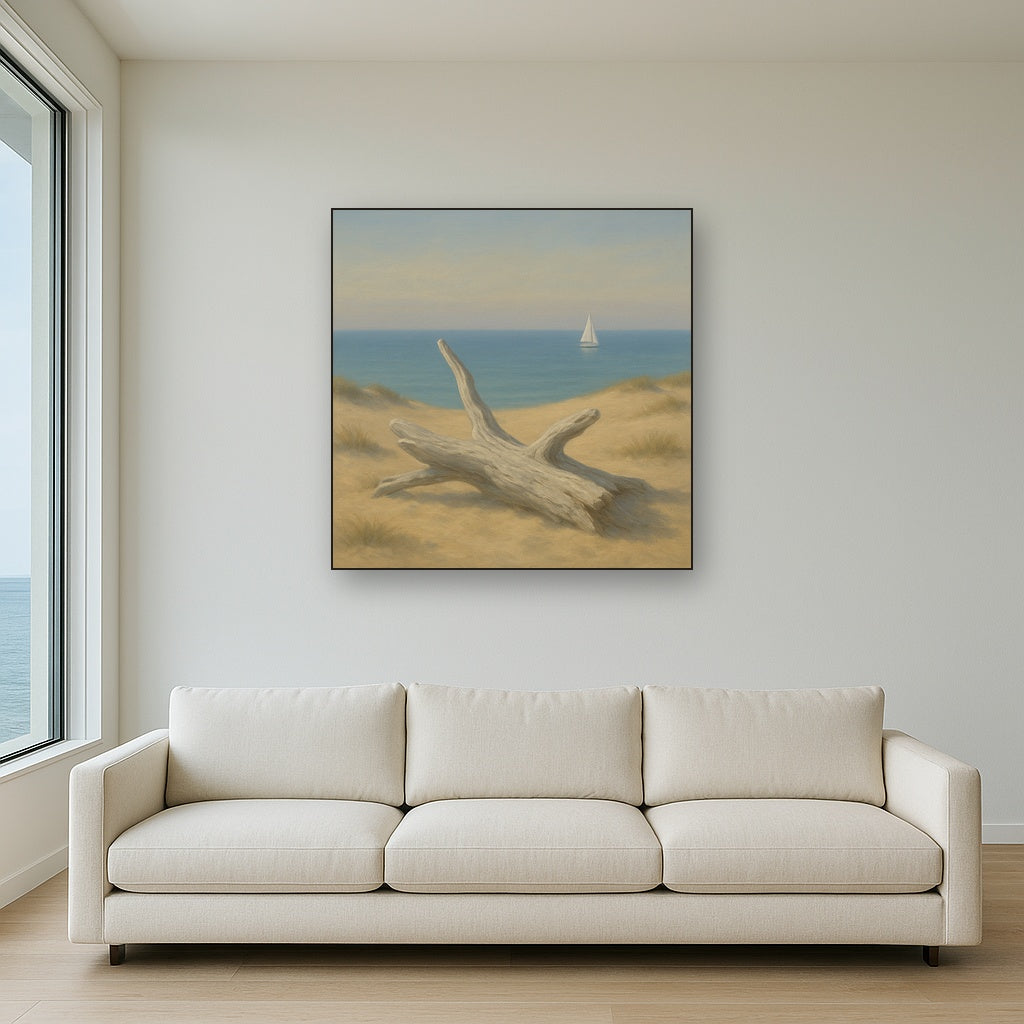 Sun-Bleached Driftwood & Distant Sailboat No. 10 Oil Painting Staged Above Sectional Sofa in Living Room, Hand Painted Canvas Wall Art for Home Decor