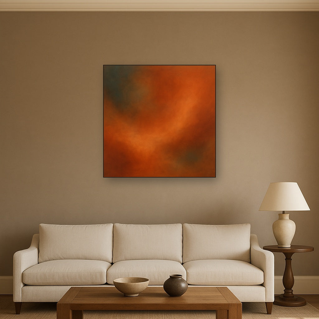 Deep Topaz & Spiced Terracotta Glow No. 9 Oil Painting Staged Above Sectional Sofa in Living Room, Hand Painted Canvas Wall Art for Home Decor
