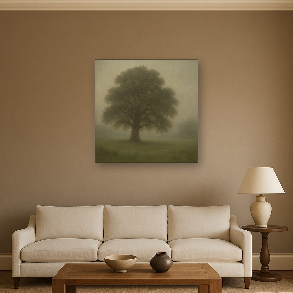 Ancient Solitary Oak in Morning Fog Oil Painting - View 2