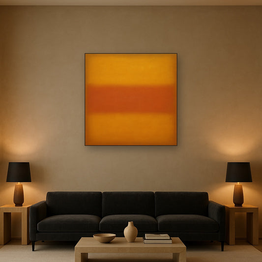 Luminous Ochre & Terracotta Horizon Color Field No. 7 Oil Painting Staged Above Sectional Sofa in Living Room, Hand Painted Canvas Wall Art for Home Decor
