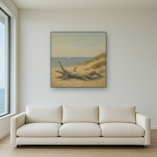 Sun-Bleached Driftwood & Distant Sailboat No. 7 Oil Painting Staged Above Sectional Sofa in Living Room, Hand Painted Canvas Wall Art for Home Decor