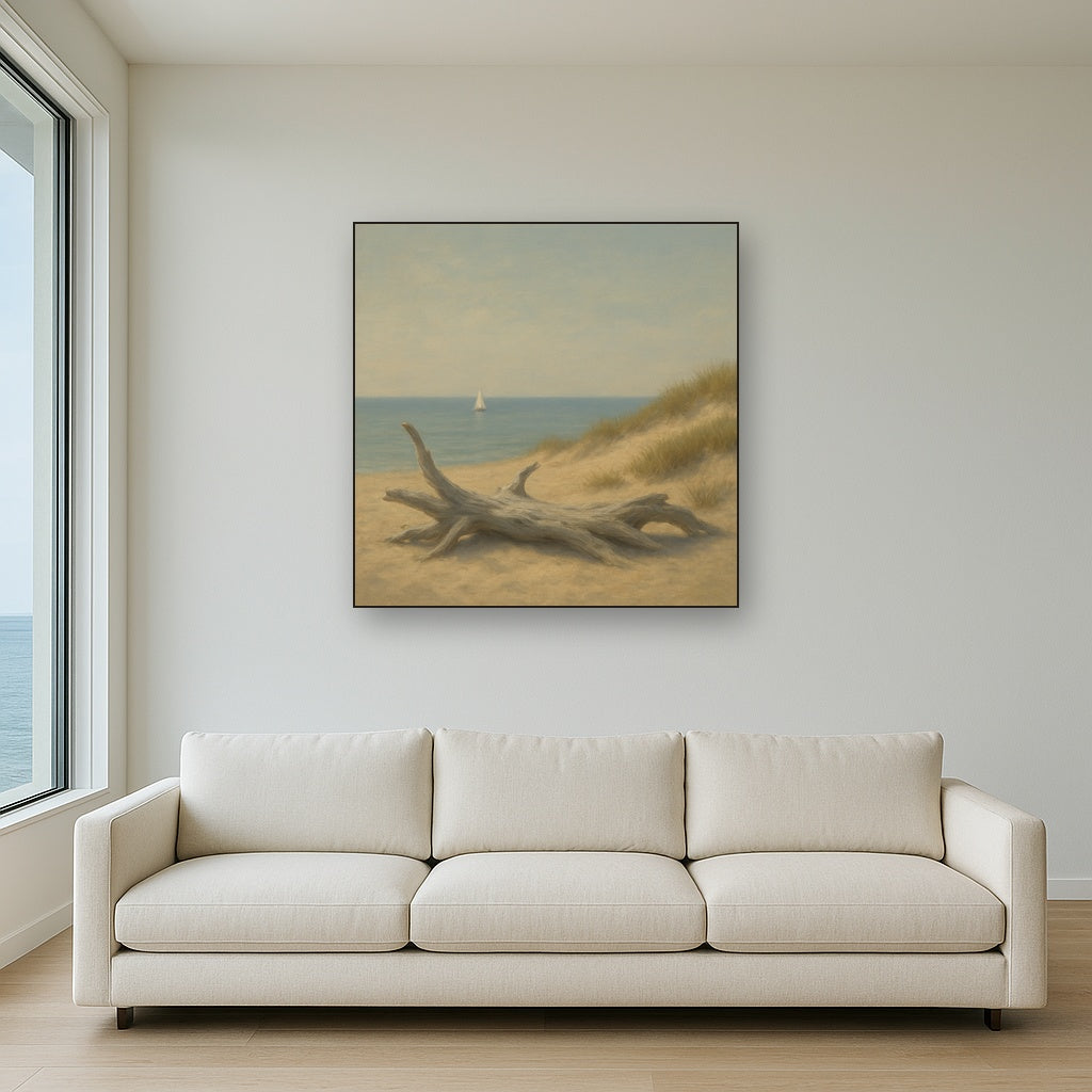 Sun-Bleached Driftwood & Distant Sailboat No. 7 Oil Painting - View 2