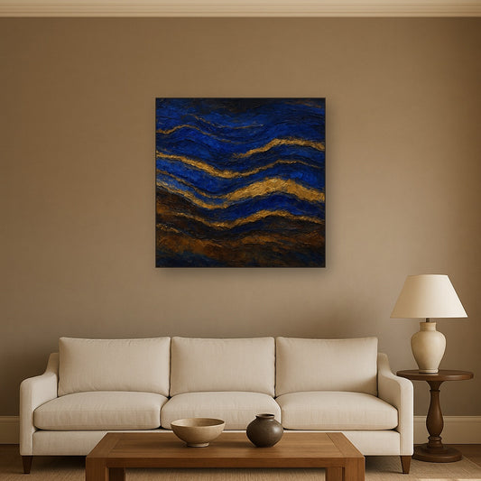 Royal Lapis Lazuli & Gold Leaf Strata No. 2 Oil Painting - Styled in Modern Living Room