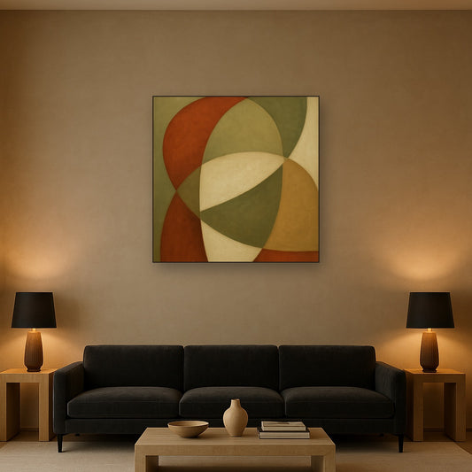 Intersecting Curved Forms in Olive & Rust No. 22 Oil Painting Staged Above Sectional Sofa in Living Room, Hand Painted Canvas Wall Art for Home Decor
