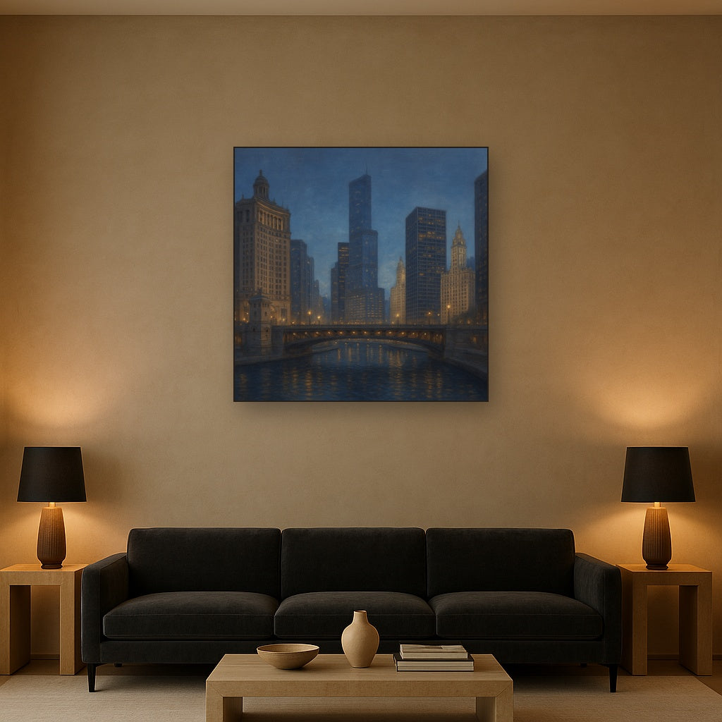 Chicago Riverfront Architecture at Blue Hour No. 15 Oil Painting - View 2