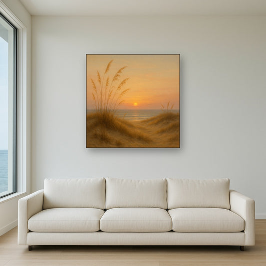 Sea Oats on Rolling Coastal Dunes at Sunset No. 4 Oil Painting Staged Above Sectional Sofa in Living Room, Hand Painted Canvas Wall Art for Home Decor
