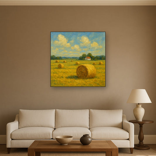Rolling Meadow Hay Bales Horizon Oil Painting Staged Above Sectional Sofa in Living Room, Hand Painted Canvas Wall Art for Home Decor