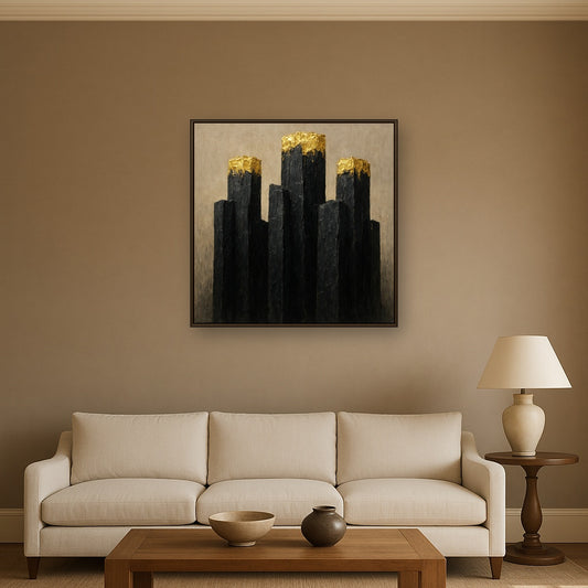 Monumental Gold & Basalt Diptych Feel Luxury Oil Painting - Styled in Modern Living Room