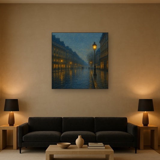 Rainy Parisian Boulevard at Twilight No. 24 Oil Painting Staged Above Sectional Sofa in Living Room, Hand Painted Canvas Wall Art for Home Decor