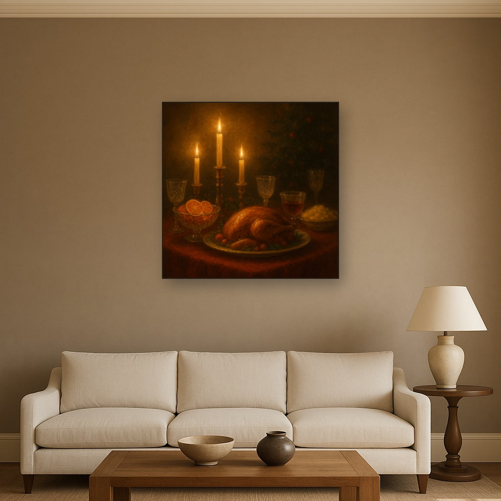 Candlelit Holiday Table & Vintage Glassware No. 6 Oil Painting Staged Above Sectional Sofa in Living Room, Hand Painted Canvas Wall Art for Home Decor