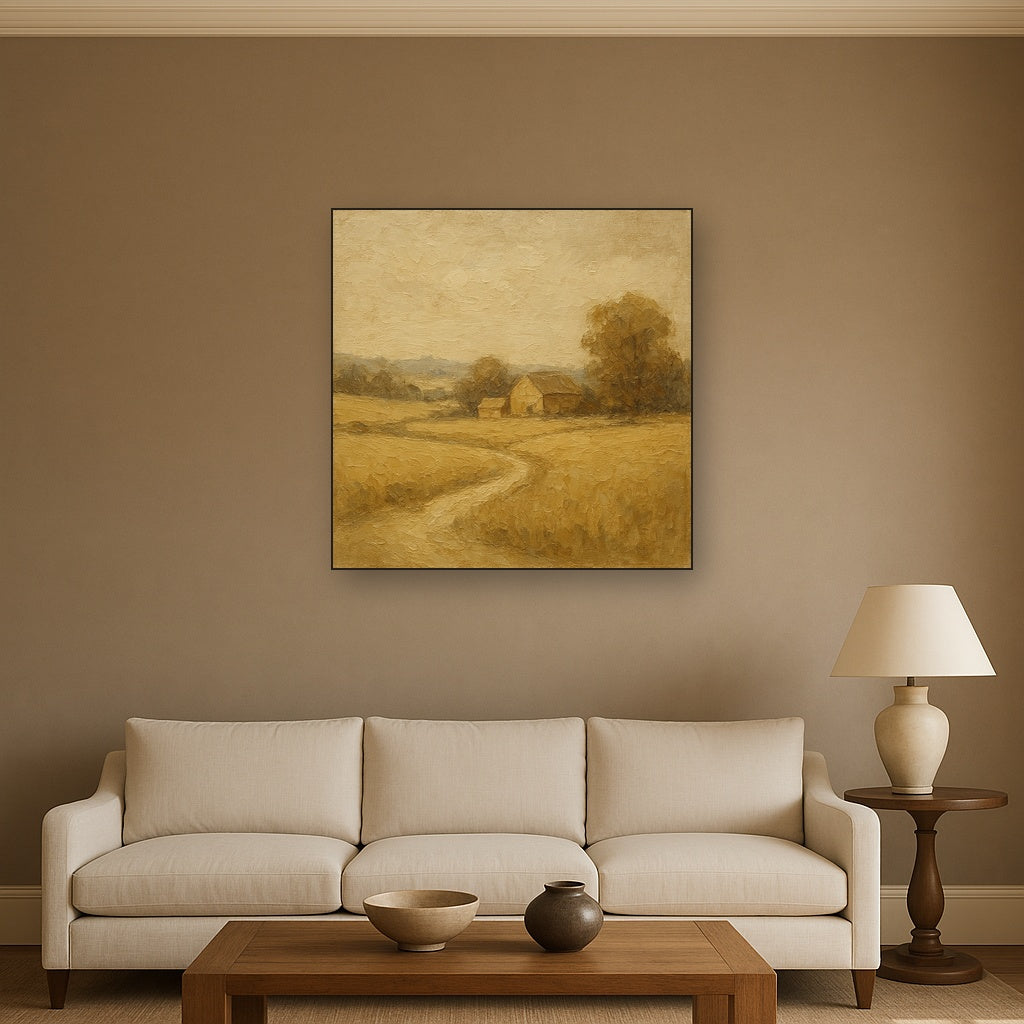 Earthy Linen Plaster Countryside Calm Oil Painting - Styled in Modern Living Room