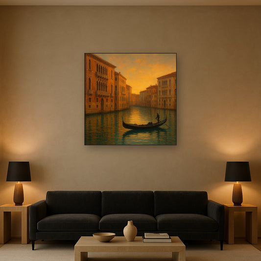 Venetian Canal Palaces at Golden Hour Oil Painting Staged Above Sectional Sofa in Living Room, Hand Painted Canvas Wall Art for Home Decor