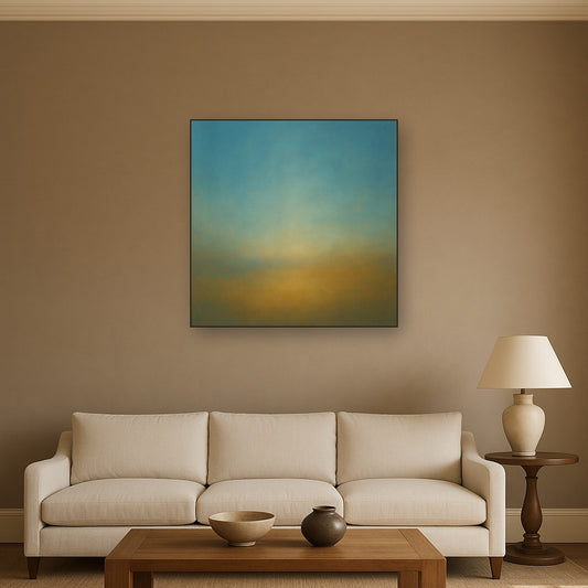 Celestial Azure & Warm Ochre Equilibrium No. 20 Oil Painting Staged Above Sectional Sofa in Living Room, Hand Painted Canvas Wall Art for Home Decor