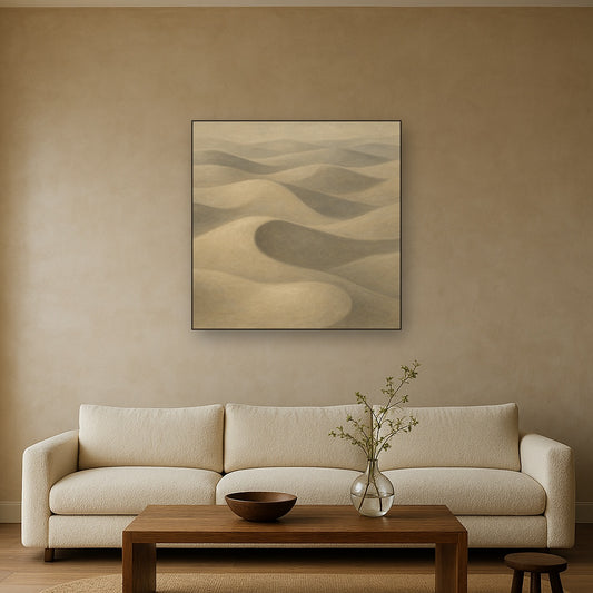 Monochrome Sand Dune Contours & Pale Slate No. 28 Oil Painting Staged Above Sectional Sofa in Living Room, Hand Painted Canvas Wall Art for Home Decor