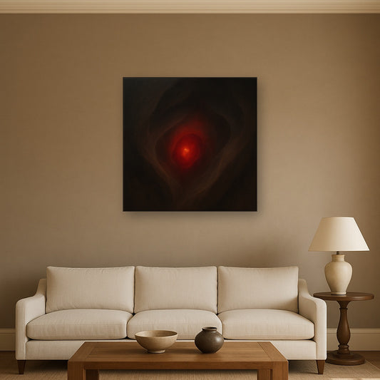 Smoky Ruby & Warm Obsidian Veils No. 19 Oil Painting Staged Above Sectional Sofa in Living Room, Hand Painted Canvas Wall Art for Home Decor
