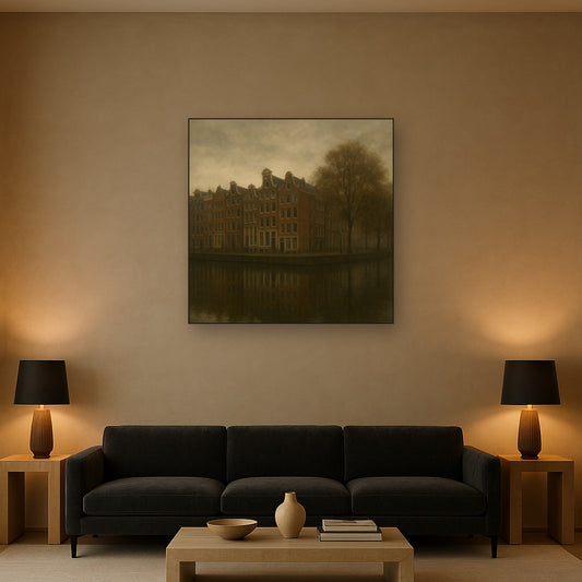 Amsterdam Canal Houses Under Overcast Sky No. 25 Oil Painting Staged Above Sectional Sofa in Living Room, Hand Painted Canvas Wall Art for Home Decor