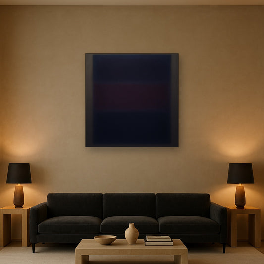 Deep Indigo & Midnight Plum Ambient Field No. 11 Oil Painting Staged Above Sectional Sofa in Living Room, Hand Painted Canvas Wall Art for Home Decor