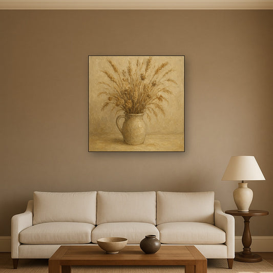 Wild Meadow Botanicals in Neutral Ceramic No. 3 Oil Painting - Styled in Modern Living Room