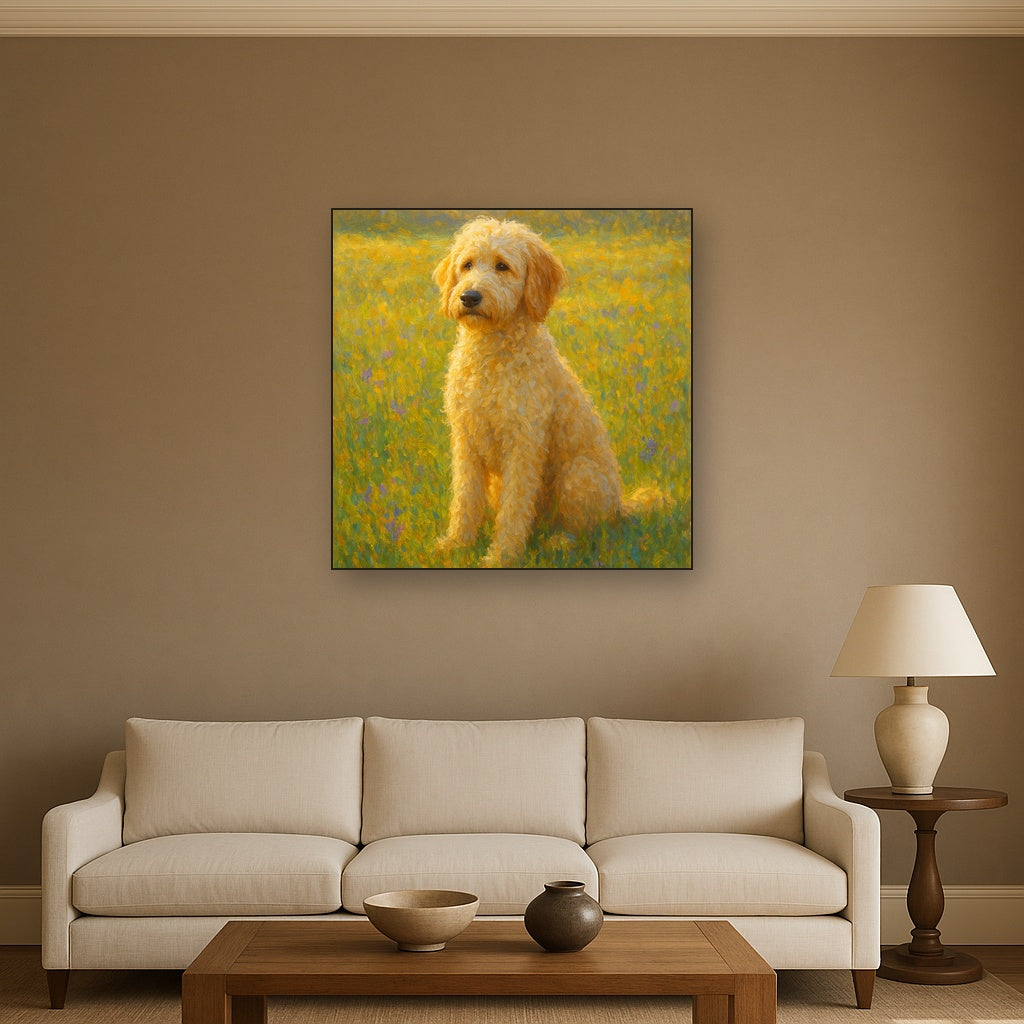 Fluffy Goldendoodle in Sun-Drenched Meadow No. 16 Fine Art Oil Painting - View 2