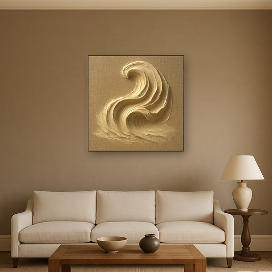 Champagne Plaster Wave Impasto Oil Painting - Styled in Modern Living Room