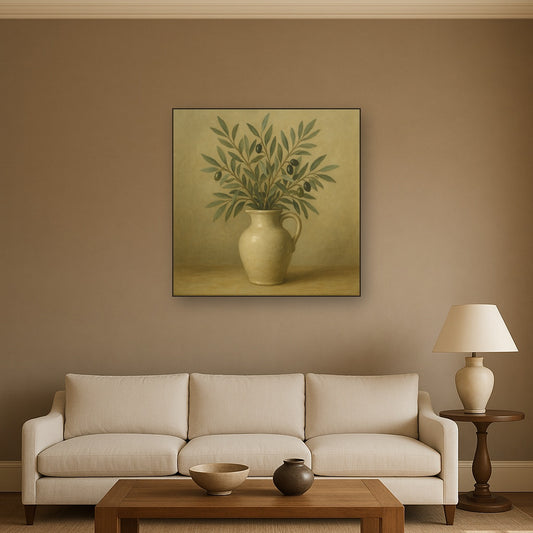 Wild Olive Sprigs in Stoneware Pitcher No. 8 Oil Painting Staged Above Sectional Sofa in Living Room, Hand Painted Canvas Wall Art for Home Decor